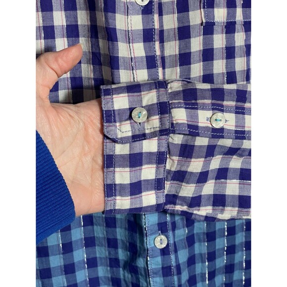 Anthropologie Pilcro Plaid Button Down Shirt Top Ombre Blue Silver Detail Medium - Picture 4 of 12